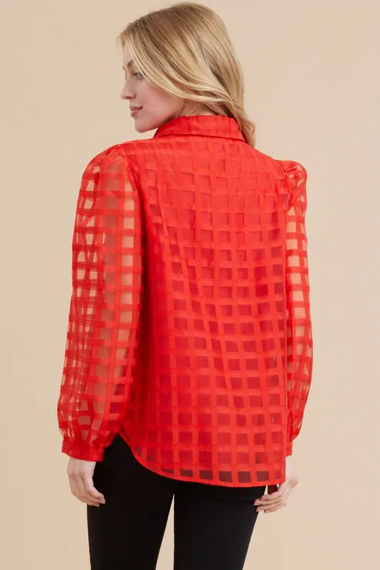 Cassie Check Textured Organza Collar Top in Red