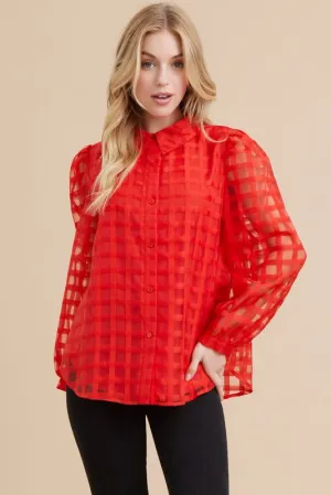 Cassie Check Textured Organza Collar Top in Red