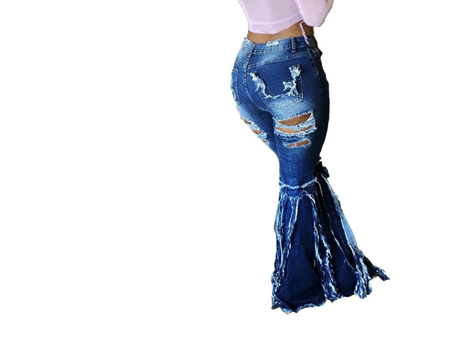 Casual Women Ripped Jeans Pants Falre Pants Denim Long