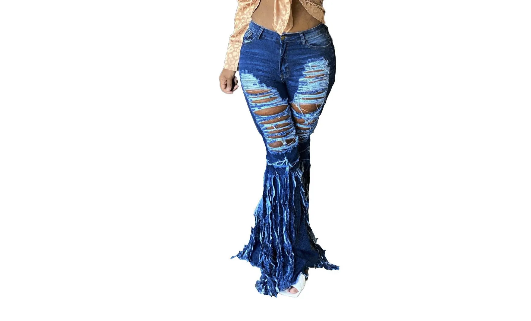 Casual Women Ripped Jeans Pants Falre Pants Denim Long