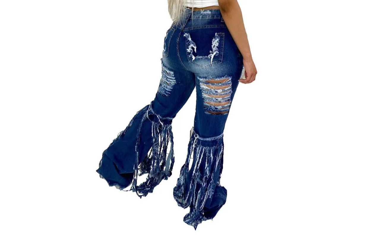 Casual Women Ripped Jeans Pants Falre Pants Denim Long