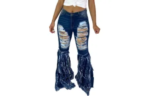 Casual Women Ripped Jeans Pants Falre Pants Denim Long