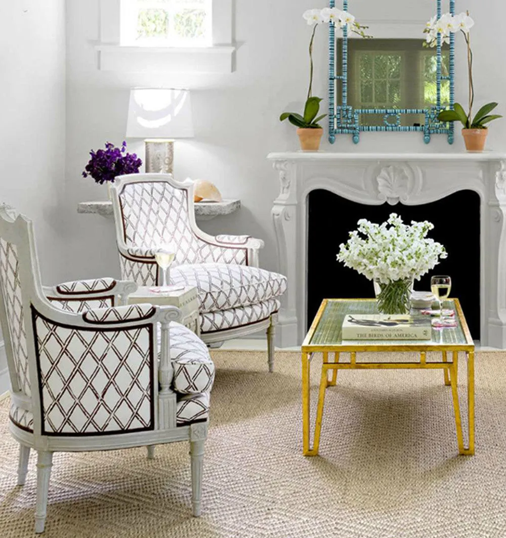 China Seas Fabric: Lyford Diamond Bamboo - Custom White Dove on Giles Blue Belgian Linen / Cotton