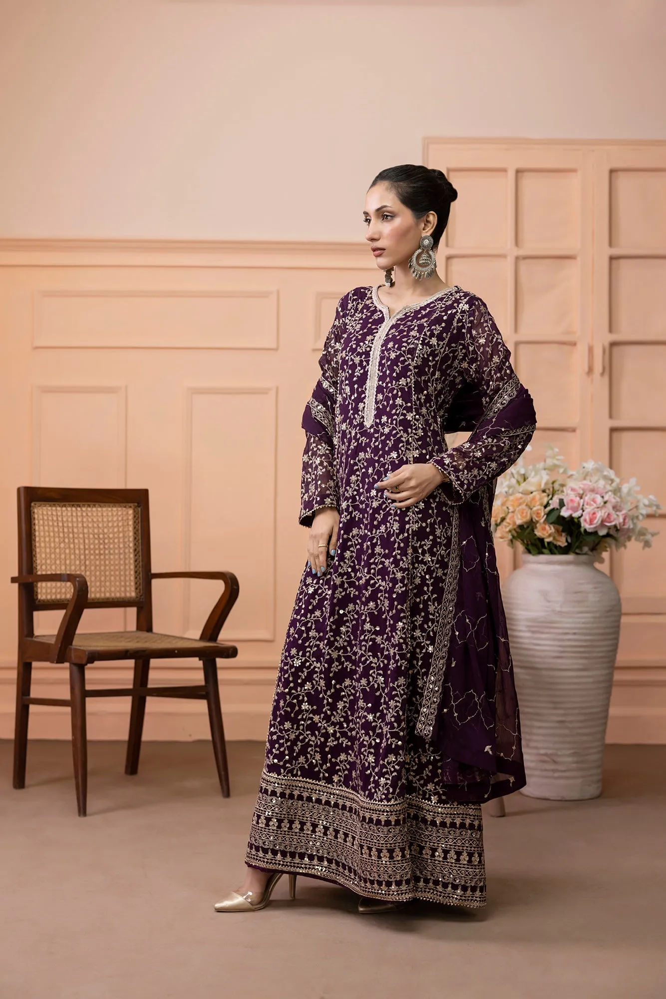 Classic Plum Embroidered stitched 3-piece