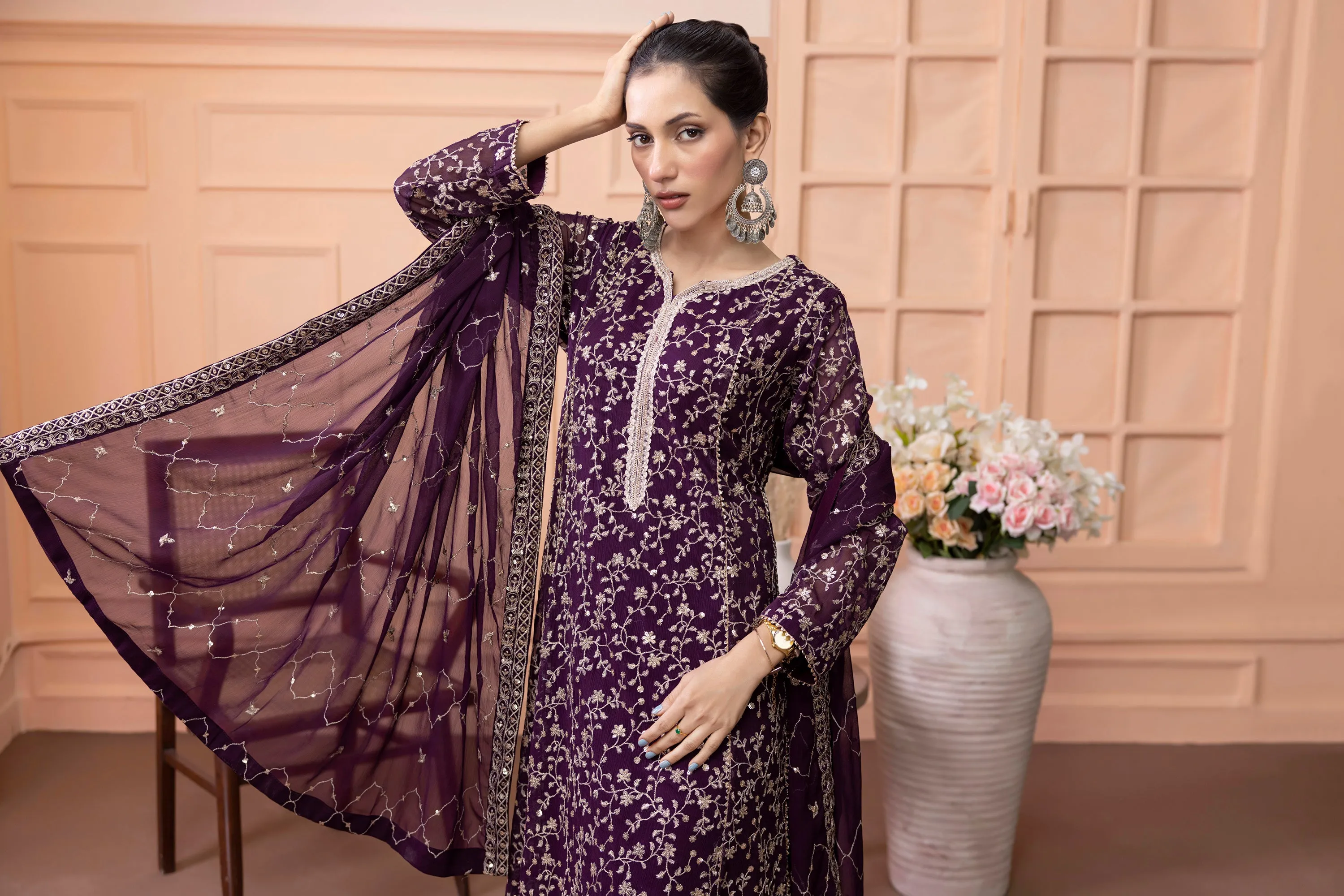 Classic Plum Embroidered stitched 3-piece