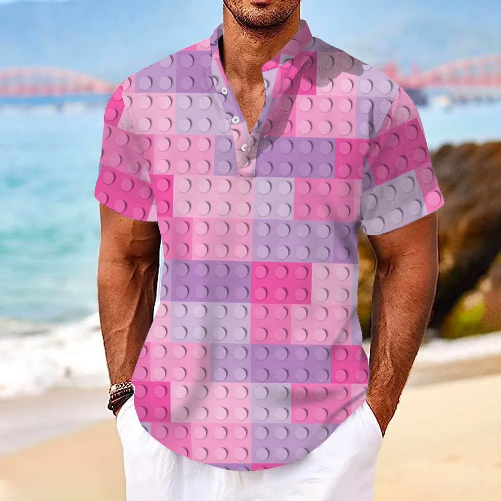 Cotton And Linen Stand Collar Half Lapel Short Sleeve Shirt 2405001045