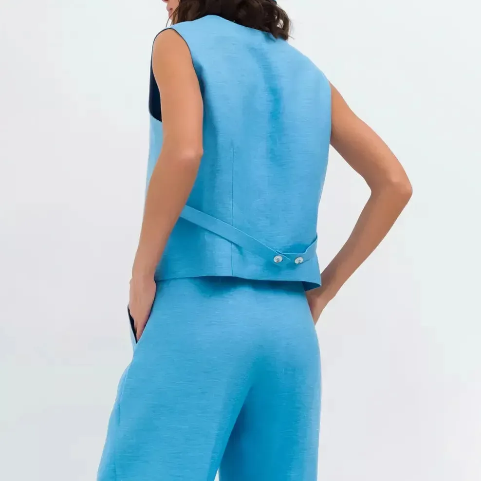 Cotton-Linen Blend Sleeveless Vest & Wide-Leg Pants Set