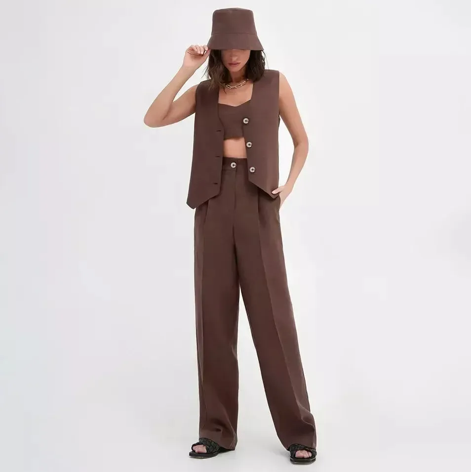 Cotton-Linen Blend Sleeveless Vest & Wide-Leg Pants Set