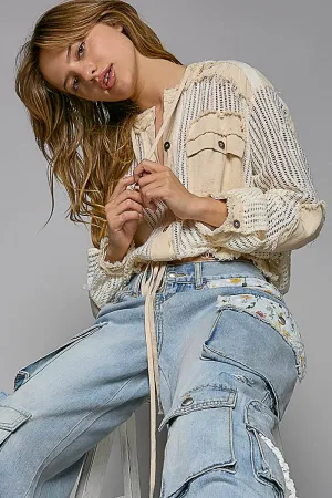 Cream Multi Open knit button down pocket front hooded shirt POL top