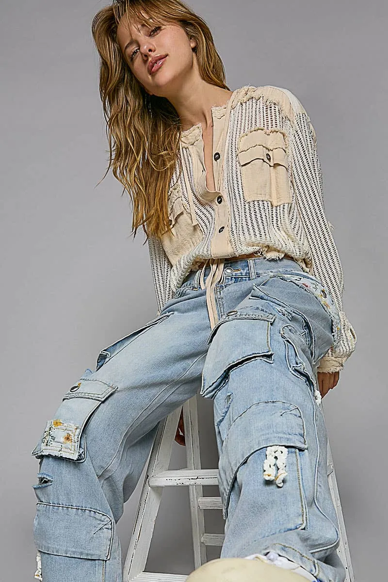 Cream Multi Open knit button down pocket front hooded shirt POL top