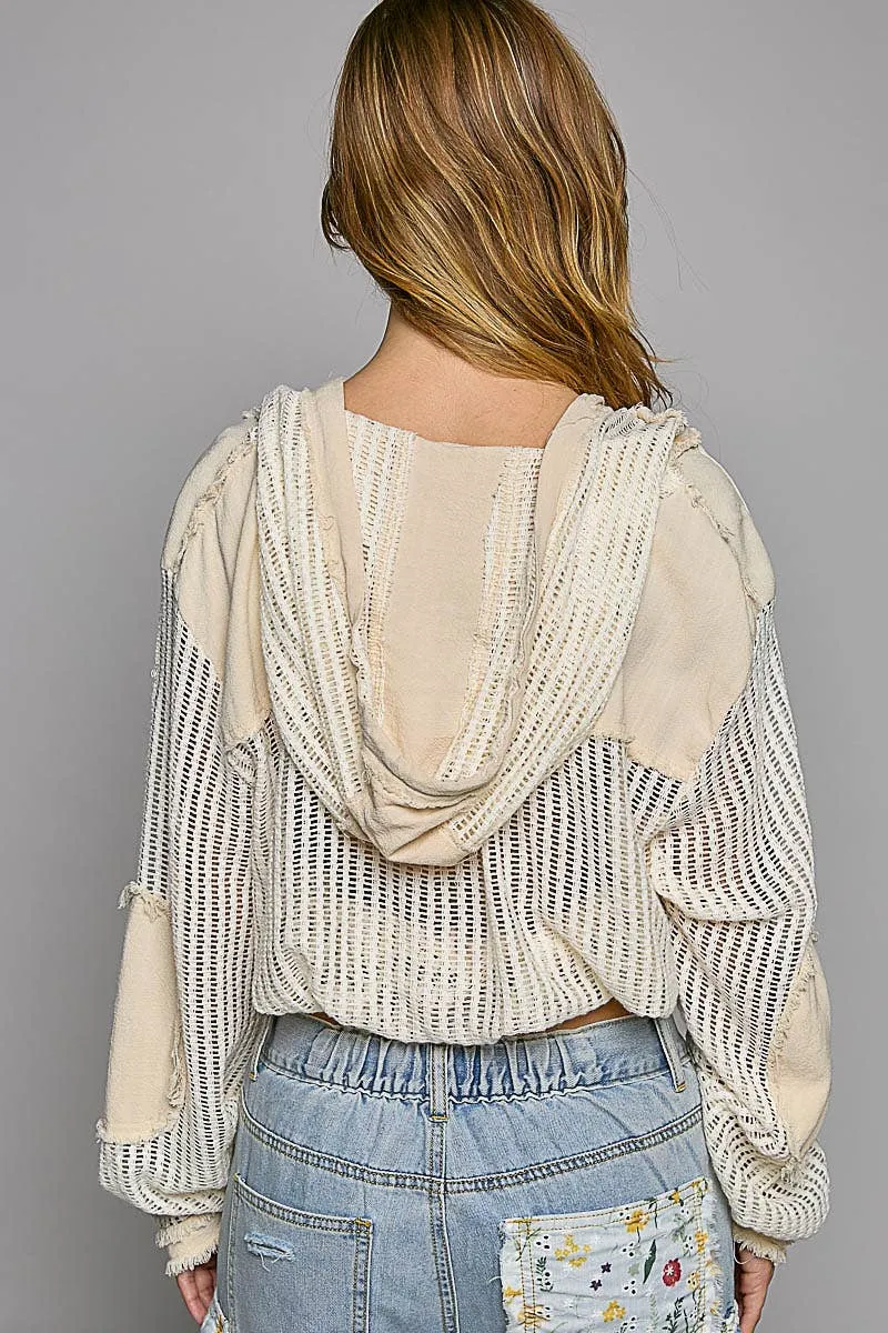 Cream Multi Open knit button down pocket front hooded shirt POL top