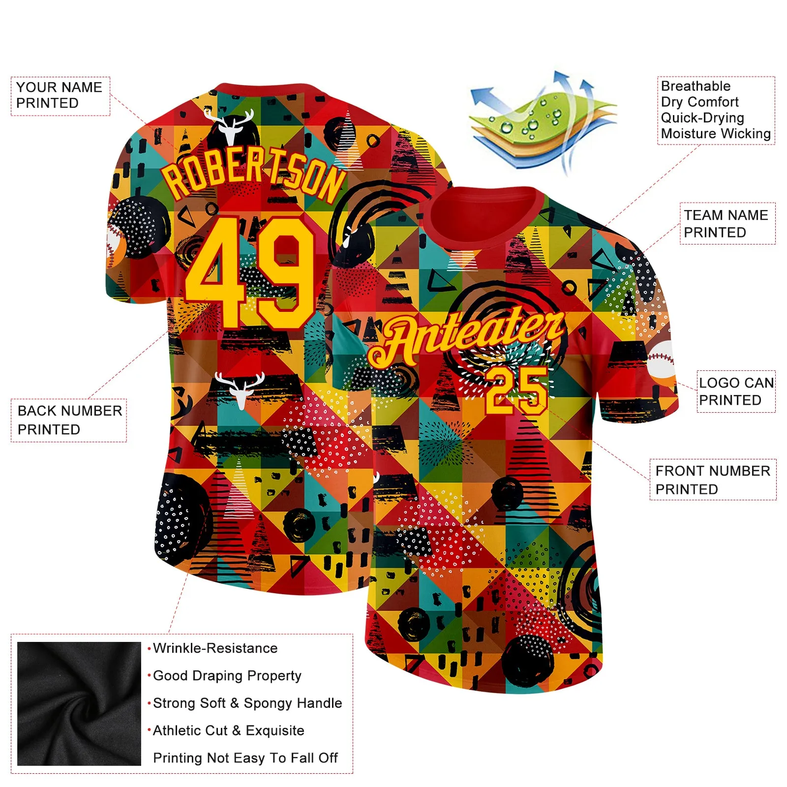 Custom Red Yellow 3D Pattern Design Black History Month Performance T-Shirt