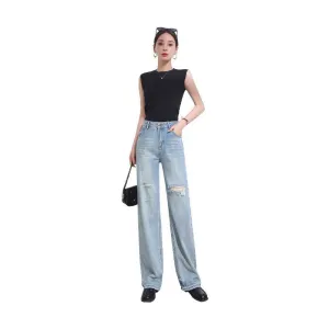 Customized ripped wide-leg pants Lyocell Tencel small loose high-waisted versatile and thin jeans women