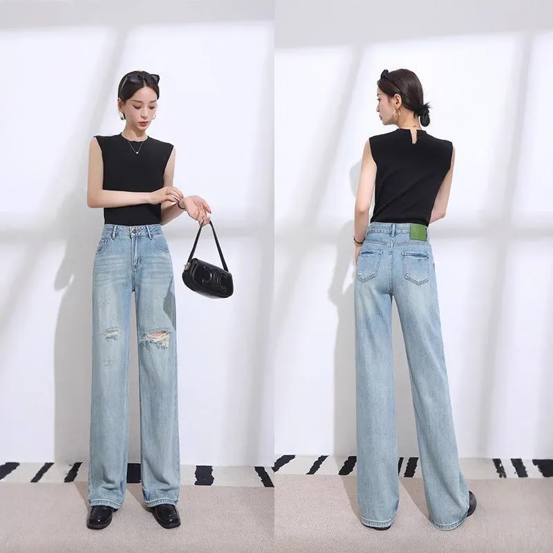 Customized ripped wide-leg pants Lyocell Tencel small loose high-waisted versatile and thin jeans women