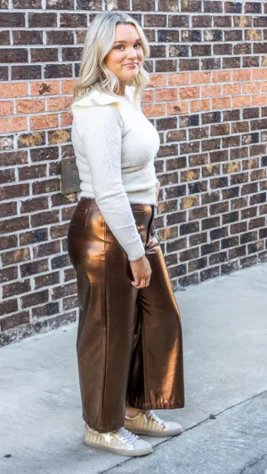 Dear John Audrey High Rise Wide Clean Hem Cropped Pants Rust Copper Foil