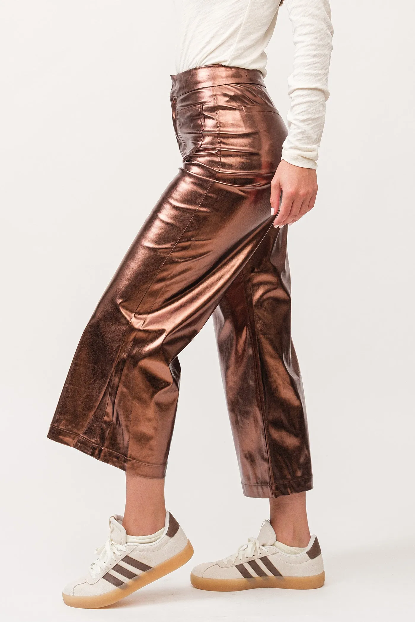 Dear John Audrey High Rise Wide Clean Hem Cropped Pants Rust Copper Foil