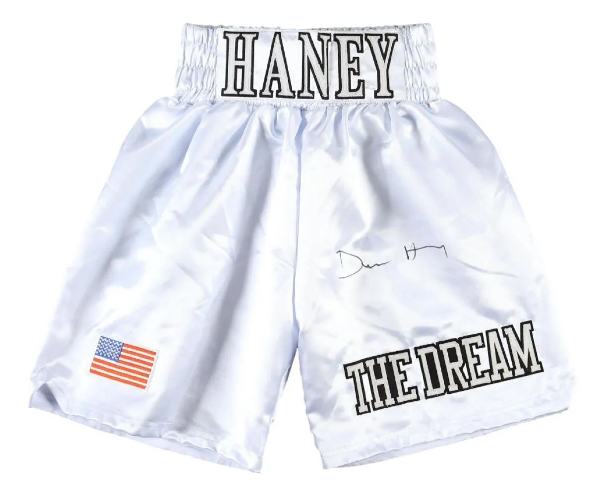 Devin Haney Signed Custom White Boxing Trunks BAS ITP