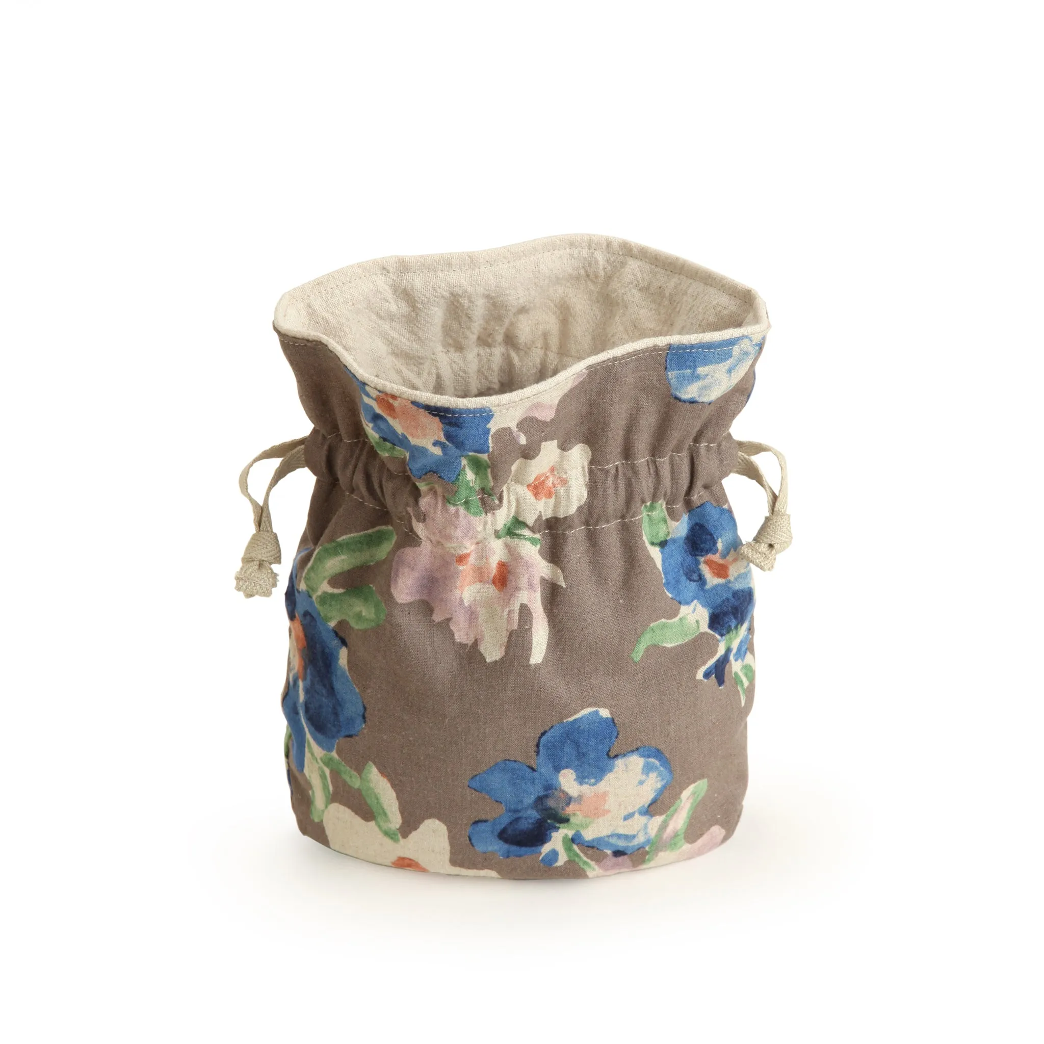 Drawstring Pouch with Blue Flowers Design