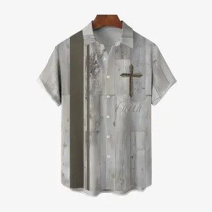 Faith Cross Print Oversized Cotton and Linen Short Sleeve Shirt 2407000767