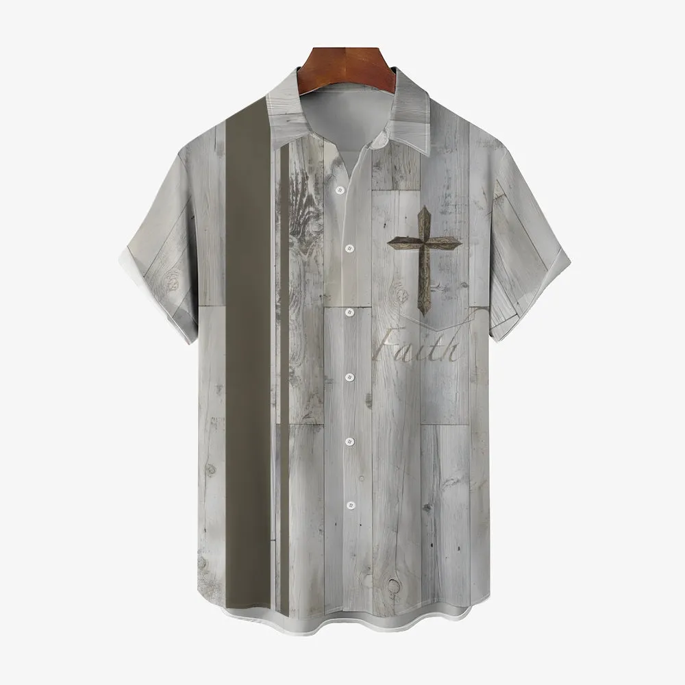 Faith Cross Print Oversized Cotton and Linen Short Sleeve Shirt 2407000767