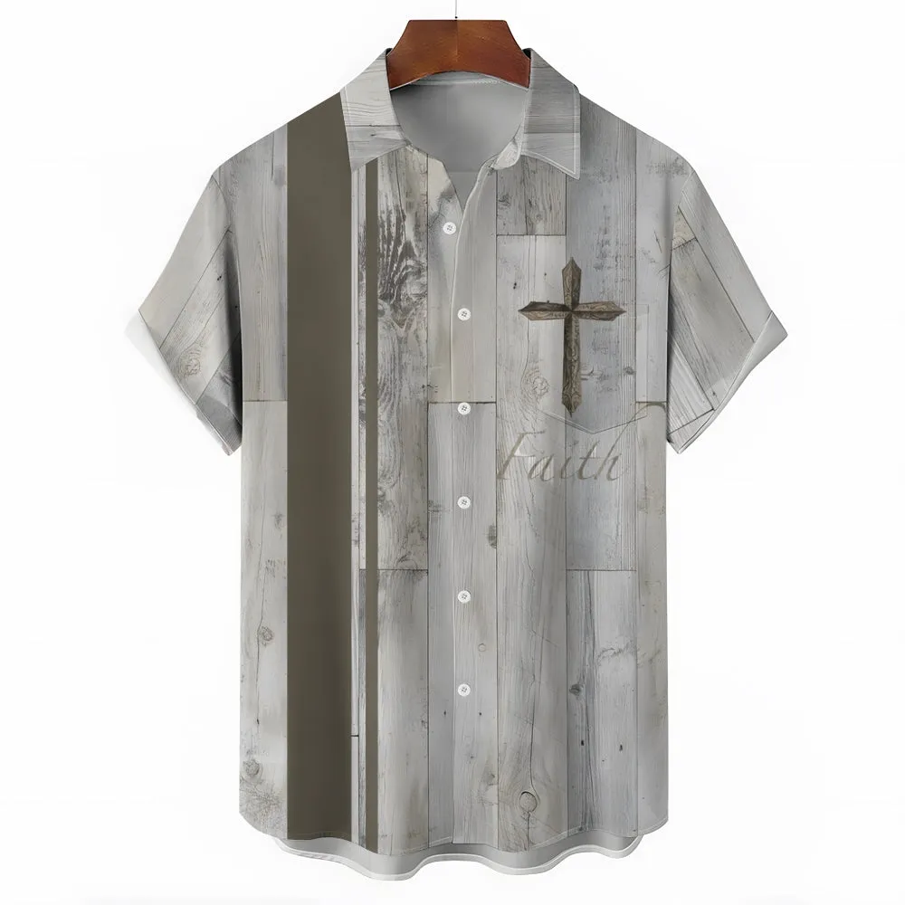 Faith Cross Print Oversized Cotton and Linen Short Sleeve Shirt 2407000767
