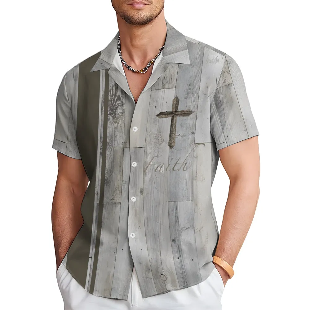 Faith Cross Print Oversized Cotton and Linen Short Sleeve Shirt 2407000767