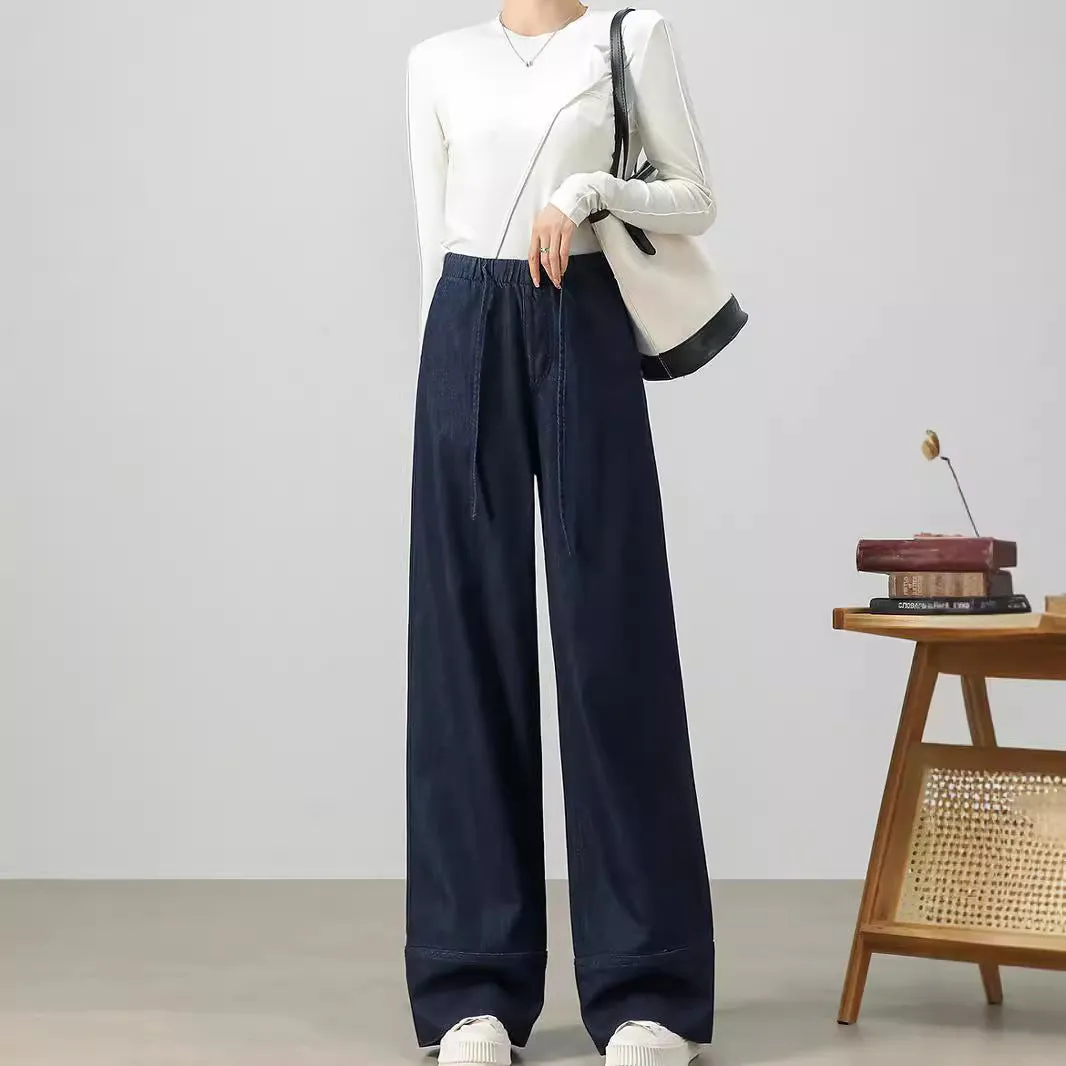 Fashion retro tethered wide-leg jeans women's spring and autumn loose straight mopping pants versatile long pants