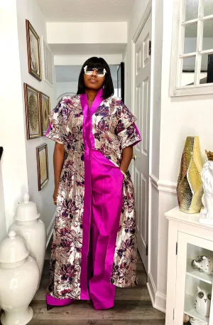 Flora patterned kimono boubou and plain wide leg pant set (pink).