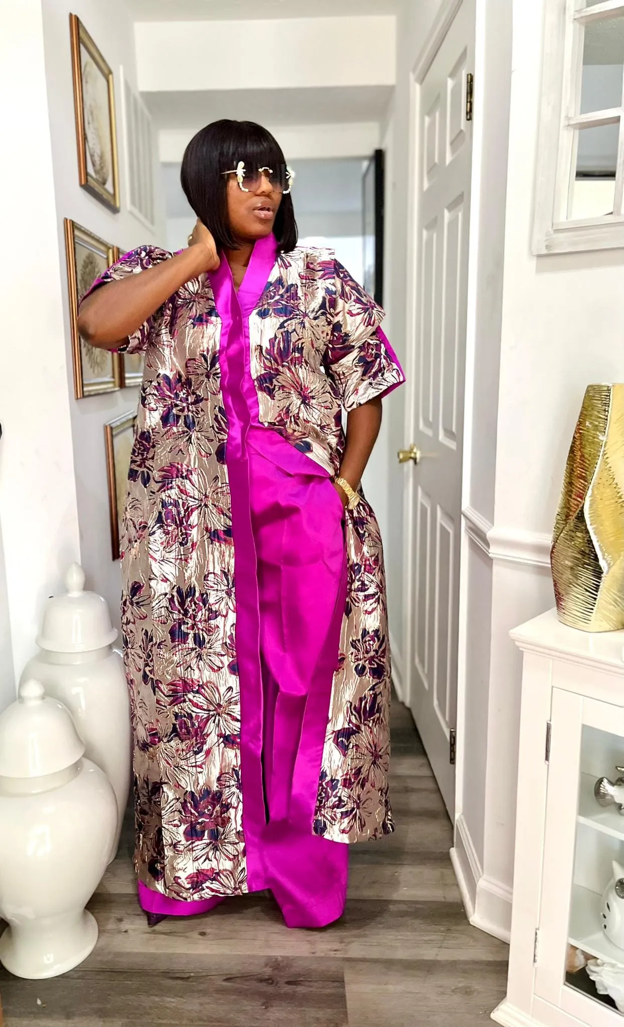 Flora patterned kimono boubou and plain wide leg pant set (pink).