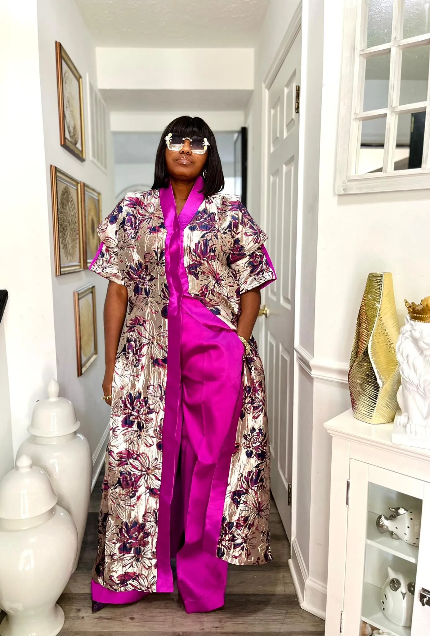 Flora patterned kimono boubou and plain wide leg pant set (pink).