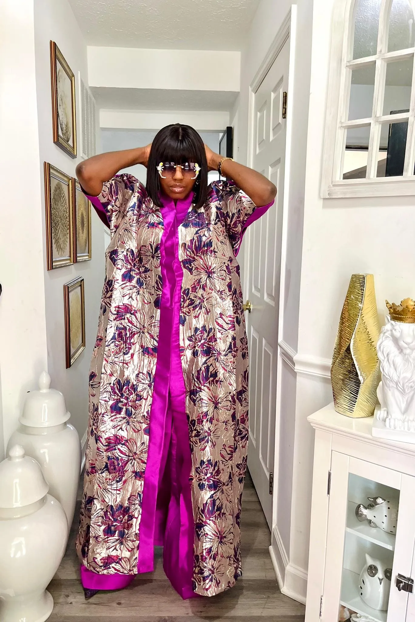 Flora patterned kimono boubou and plain wide leg pant set (pink).