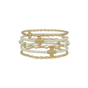 Gold and Pearl Cross Beaded Bracelet Set