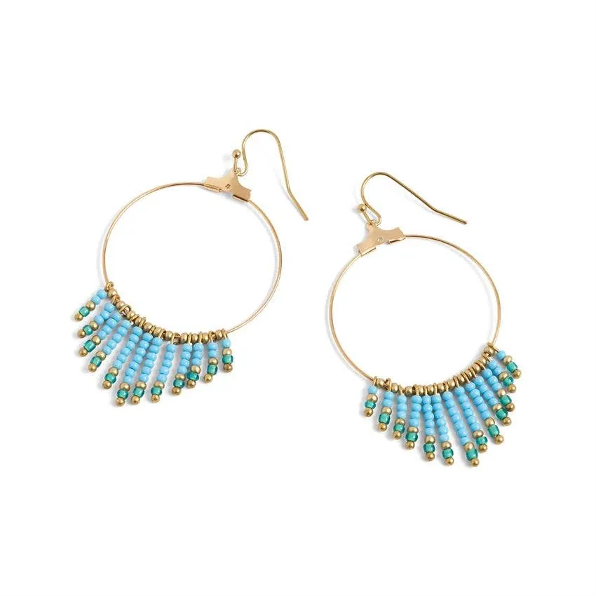 Gold Cascade with Blue and Gold Seed Beads Hoop Earrings