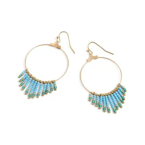Gold Cascade with Blue and Gold Seed Beads Hoop Earrings