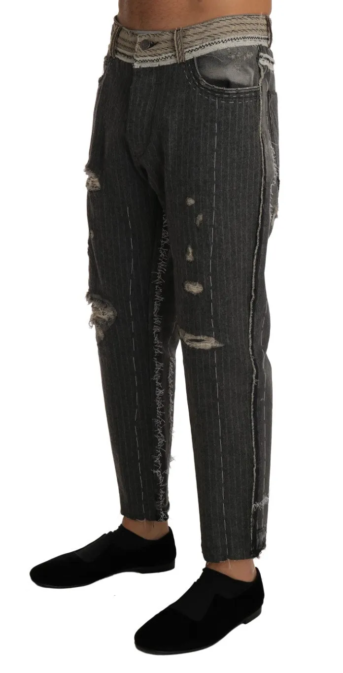 Gray Cotton Striped Fashion Jeans Pants