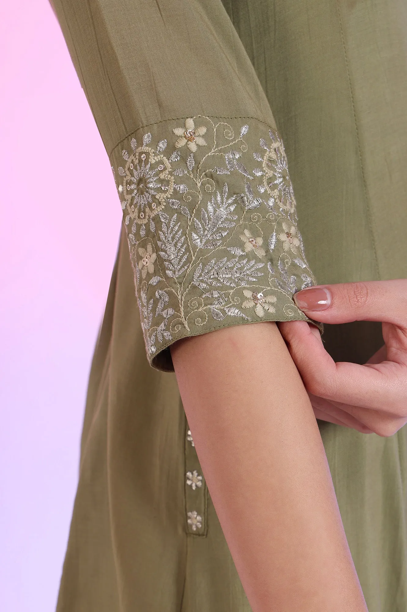 Green Embroidered Anarkali with Palazzos & Dupatta Set