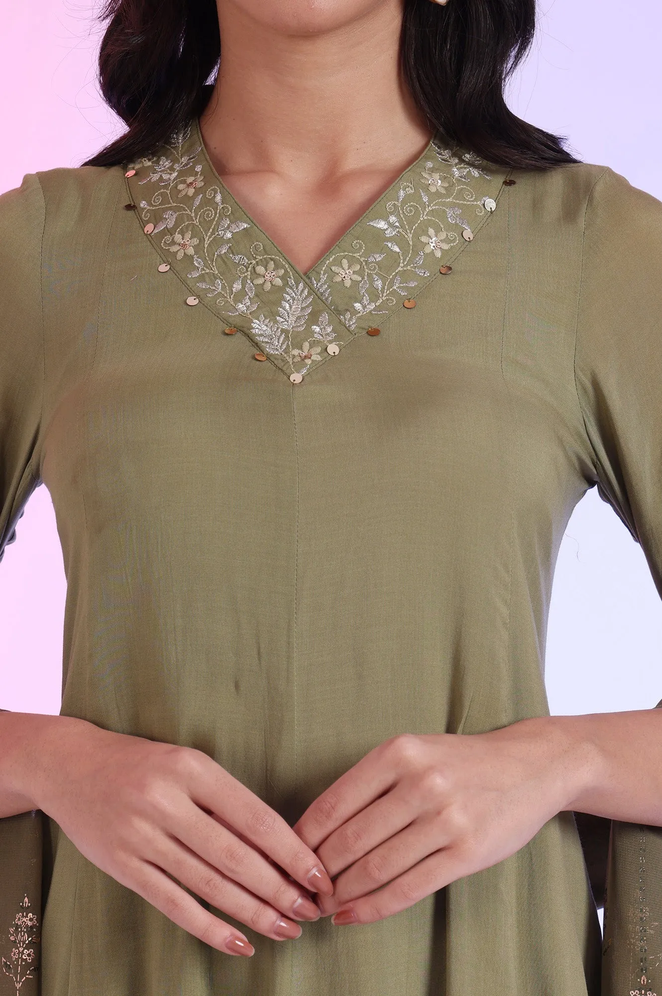 Green Embroidered Anarkali with Palazzos & Dupatta Set