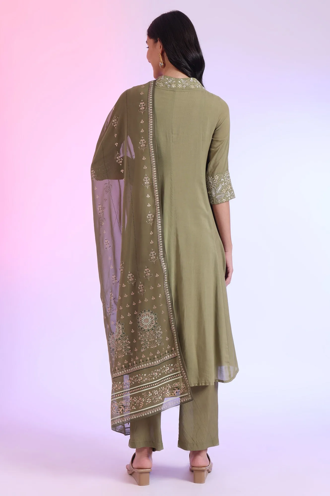 Green Embroidered Anarkali with Palazzos & Dupatta Set