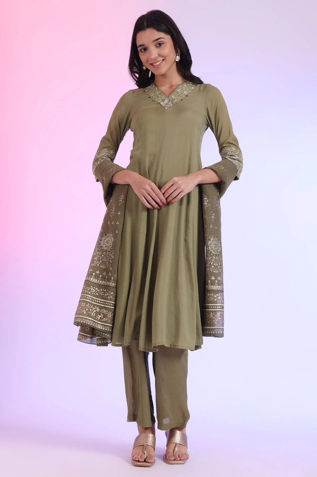 Green Embroidered Anarkali with Palazzos & Dupatta Set