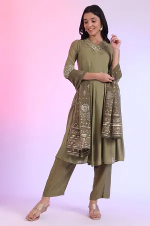 Green Embroidered Anarkali with Palazzos & Dupatta Set