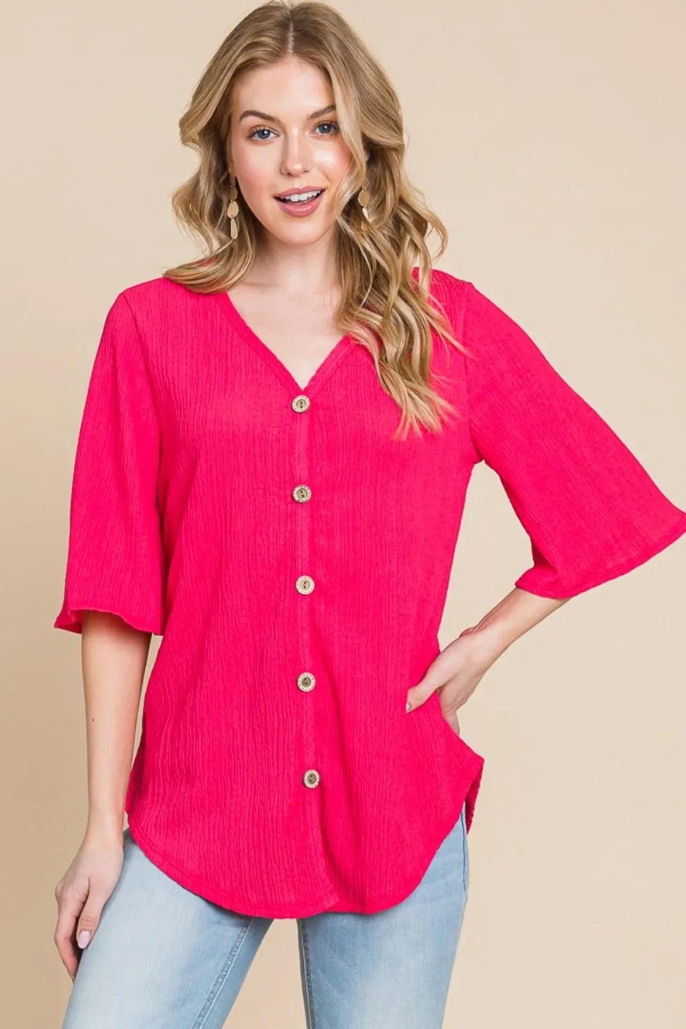 Hazel Blues® |  BOMBOM Texture Decorative Button V-Neck Top