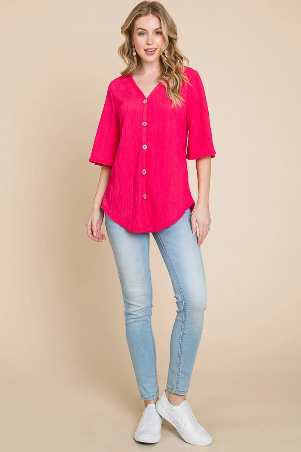 Hazel Blues® |  BOMBOM Texture Decorative Button V-Neck Top