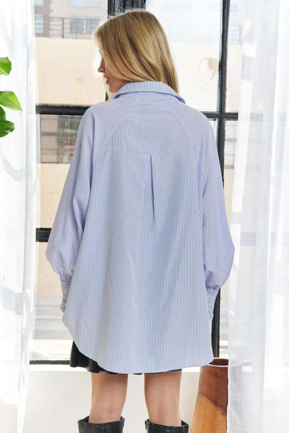 High-Low Striped Smocked Lantern Sleeve Shirt - Chambray
