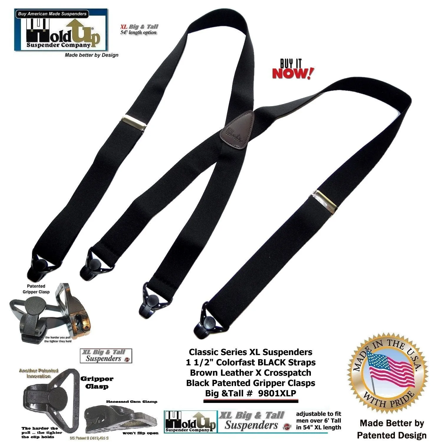 Holdup Brand XL Classic Series Basic Black X-back Suspenders with Patented black Gripper Clasps