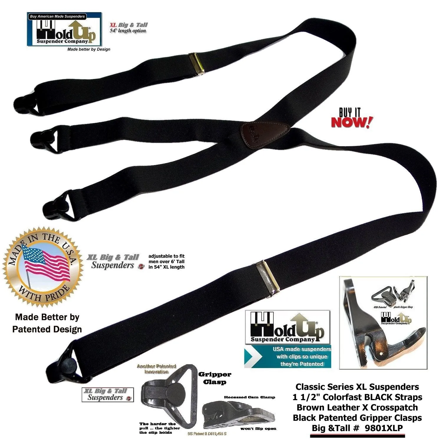 Holdup Brand XL Classic Series Basic Black X-back Suspenders with Patented black Gripper Clasps