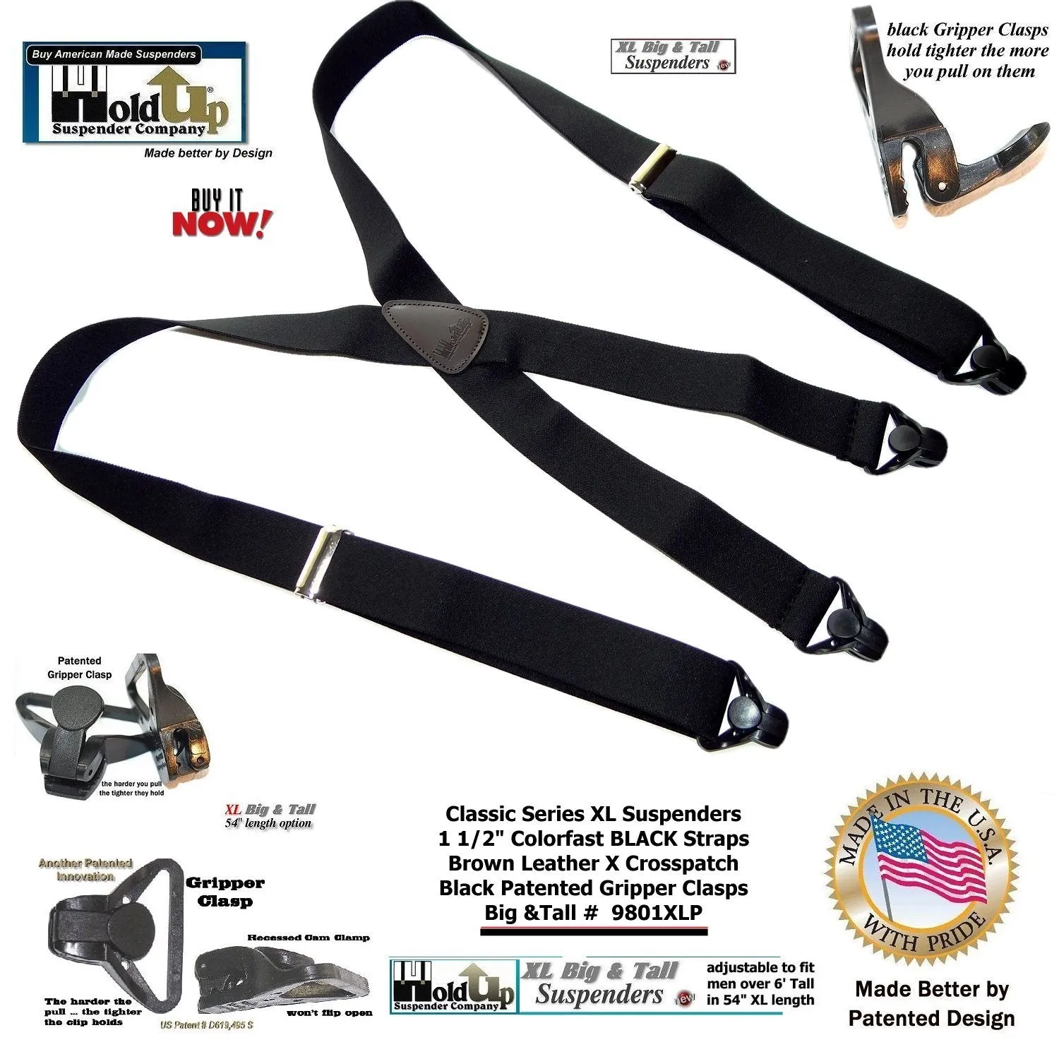 Holdup Brand XL Classic Series Basic Black X-back Suspenders with Patented black Gripper Clasps