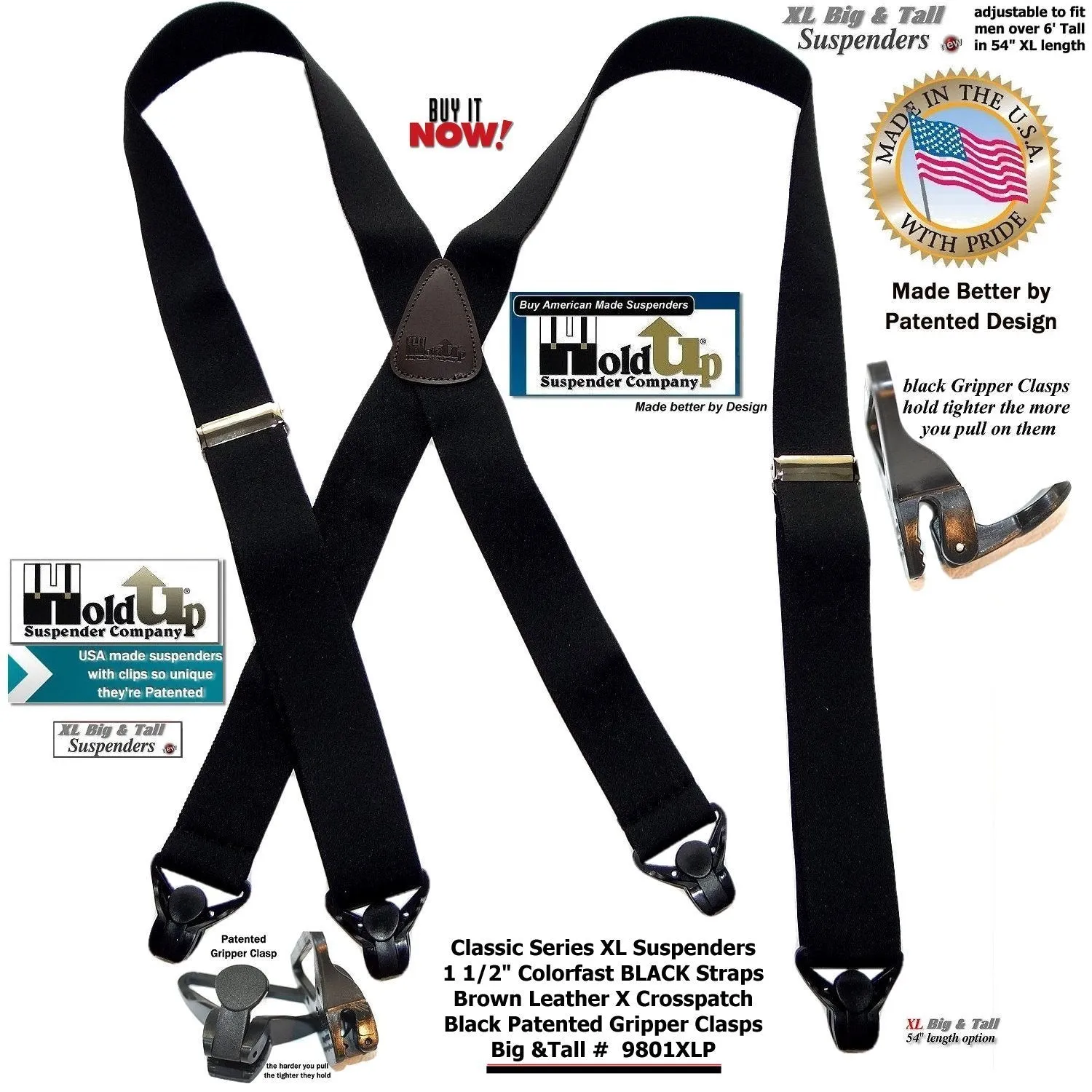 Holdup Brand XL Classic Series Basic Black X-back Suspenders with Patented black Gripper Clasps