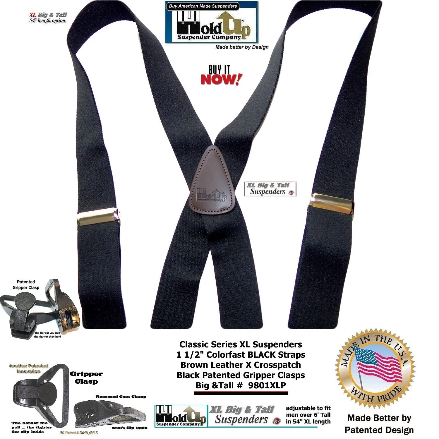 Holdup Brand XL Classic Series Basic Black X-back Suspenders with Patented black Gripper Clasps