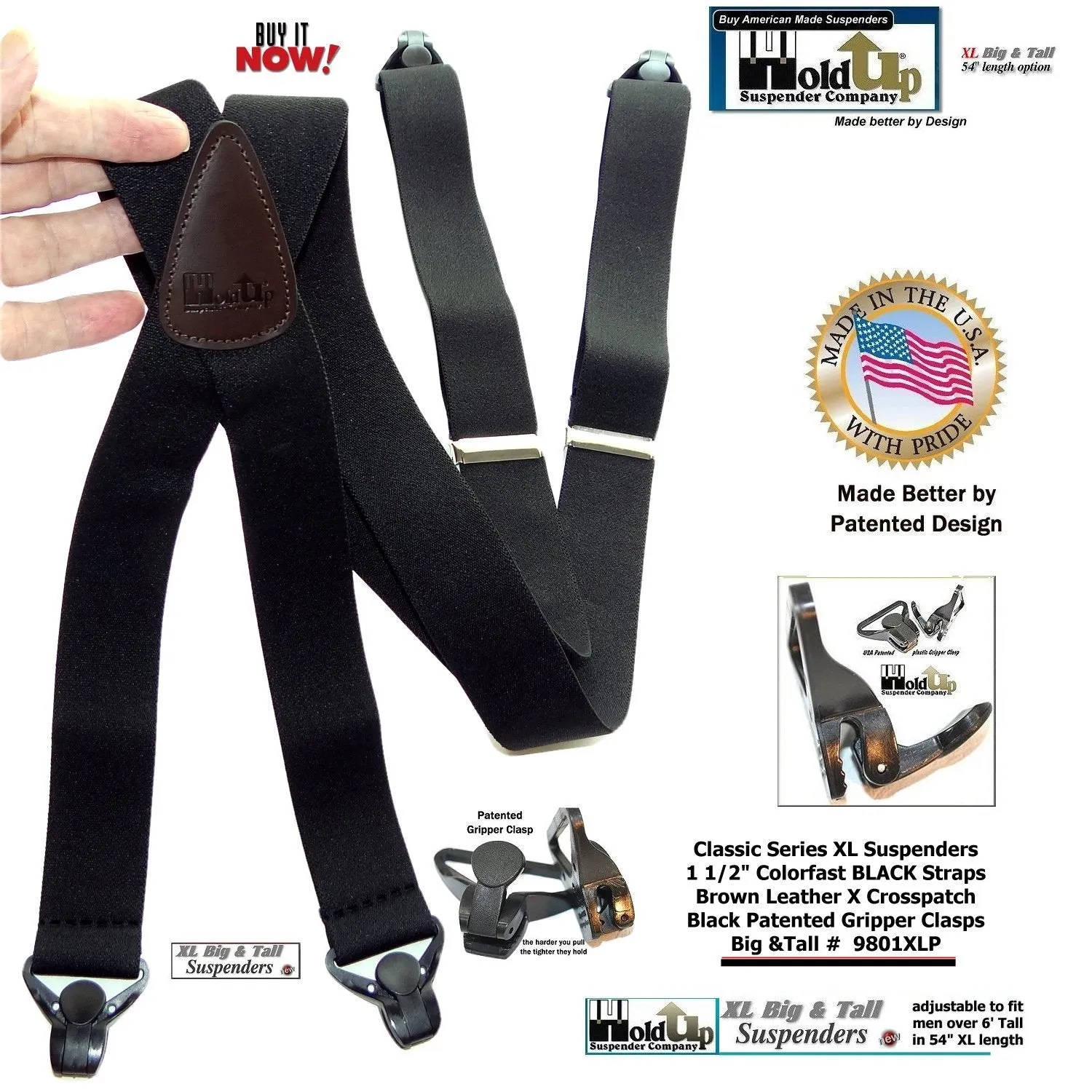 Holdup Brand XL Classic Series Basic Black X-back Suspenders with Patented black Gripper Clasps