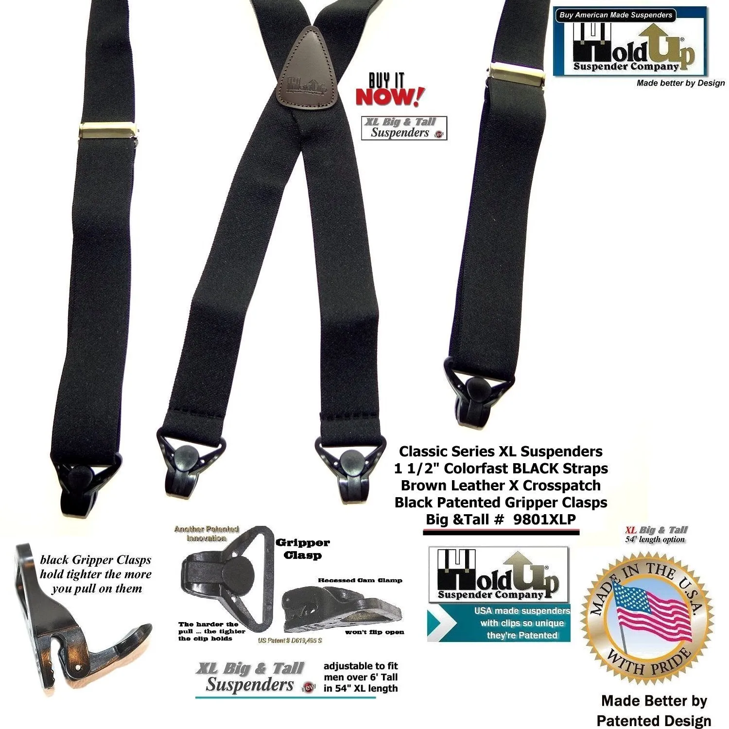 Holdup Brand XL Classic Series Basic Black X-back Suspenders with Patented black Gripper Clasps